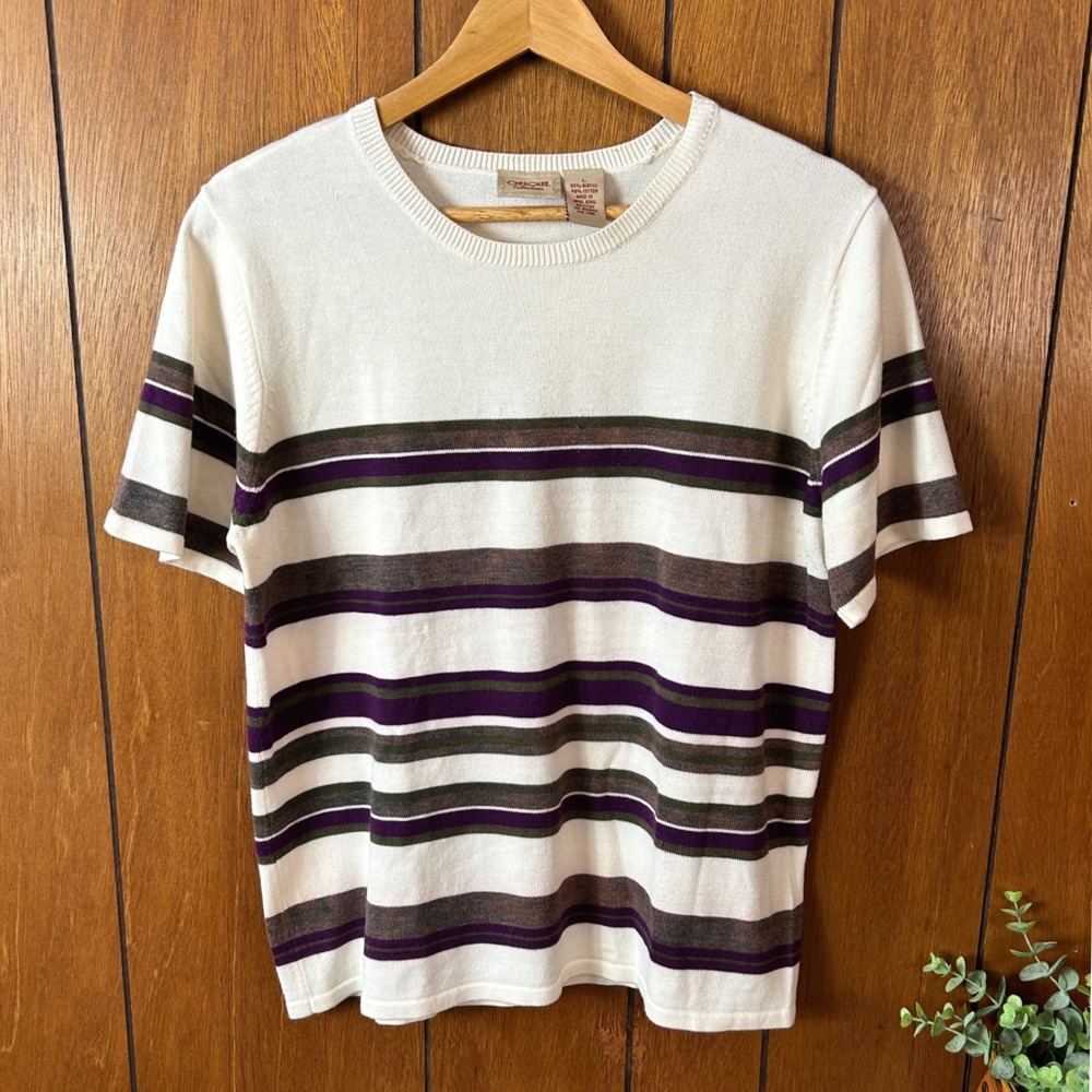 Vintage‎ 90's Cherokee Collection Striped Knit Sweater Pullover Top Cream Purple